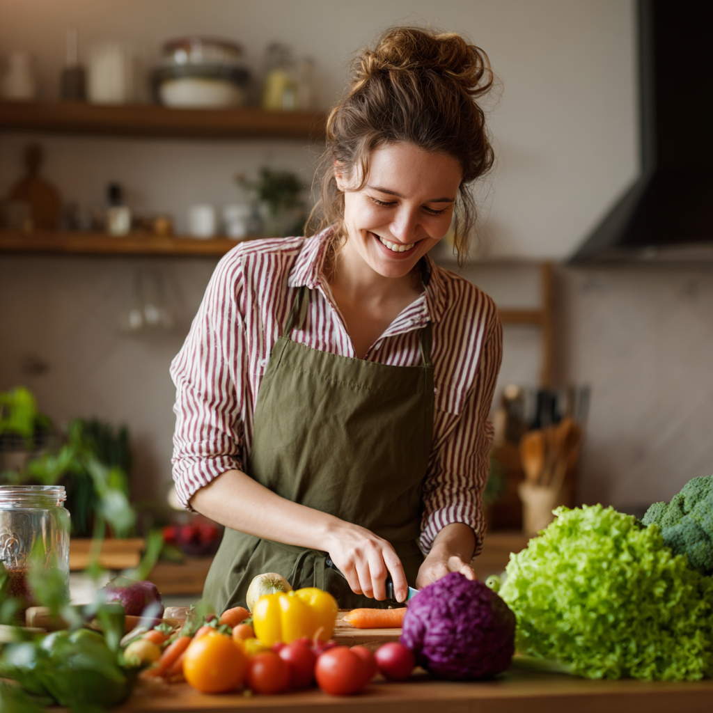 Happy middle-aged Ukrainian woman smiling while preparing healthy colorful meal in modern kitchen