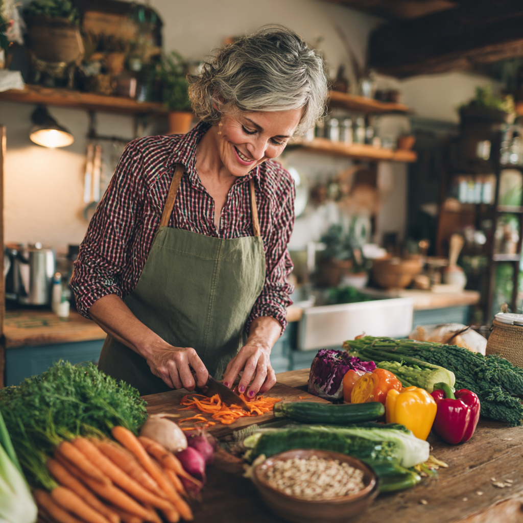 Energetic Ukrainian family of three generations preparing diverse healthy meals together in spacious kitchen, everyone smiling and engaged